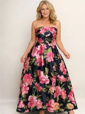 Flying Tomato Strapless Navy Formal Evening Gown Pink Floral Maxi Dress NWT Smal